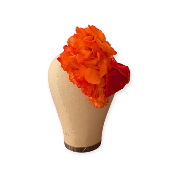 Vintage Velvet & Silk Flower Caged Half Hat ~ Bright Orange Bridal Formal Bow - Picture 9 of 11